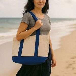 Canvas Tote Blue White Bag Reusable Washable Foldable Grocery Errand 16x10x6 Sat